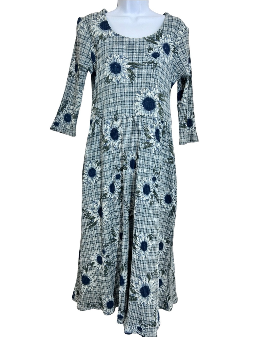 Tabby Vintage 90s Blue Plaid Sunflower Midi Dress 8 Cotton Cottagecore Grunge